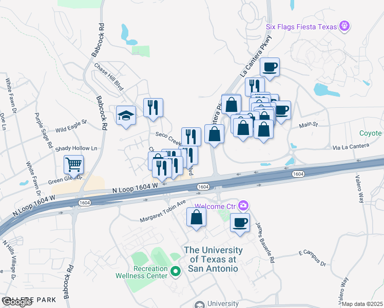 map of restaurants, bars, coffee shops, grocery stores, and more near 15650 Market Hill in San Antonio