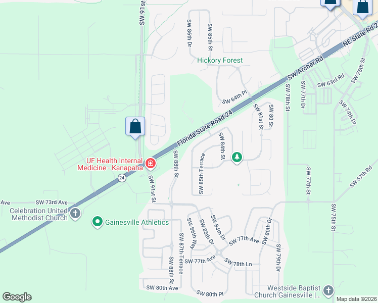 map of restaurants, bars, coffee shops, grocery stores, and more near 6816 Southwest 86th Terrace in Gainesville