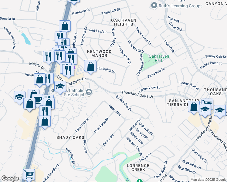 map of restaurants, bars, coffee shops, grocery stores, and more near 1765 Thousand Oaks Drive in San Antonio