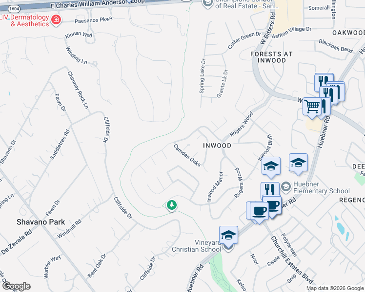 map of restaurants, bars, coffee shops, grocery stores, and more near 2 Camden Oaks in San Antonio