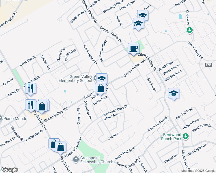 map of restaurants, bars, coffee shops, grocery stores, and more near 1672 Willow Top Drive in Schertz