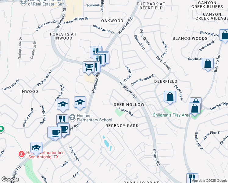 map of restaurants, bars, coffee shops, grocery stores, and more near 2042 Thicket Trail Drive in San Antonio