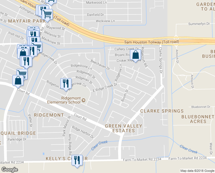 map of restaurants, bars, coffee shops, grocery stores, and more near 4846 Ridgestone Street in Houston