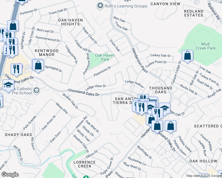 map of restaurants, bars, coffee shops, grocery stores, and more near 2306 Cardigan Hill in San Antonio