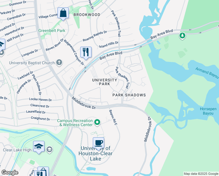 map of restaurants, bars, coffee shops, grocery stores, and more near 12314 Georgetown Park Drive in Houston