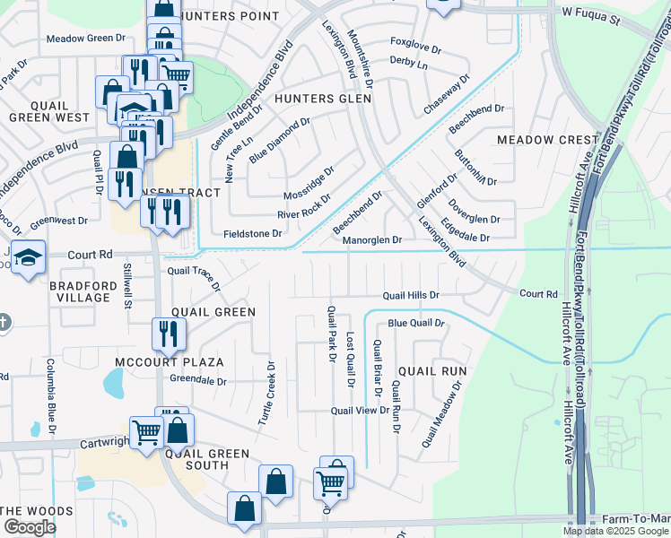 map of restaurants, bars, coffee shops, grocery stores, and more near 16315 Quail Park Drive in Missouri City