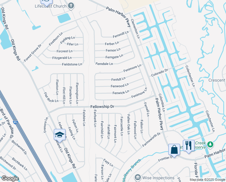map of restaurants, bars, coffee shops, grocery stores, and more near 36 Fenwick Lane in Palm Coast