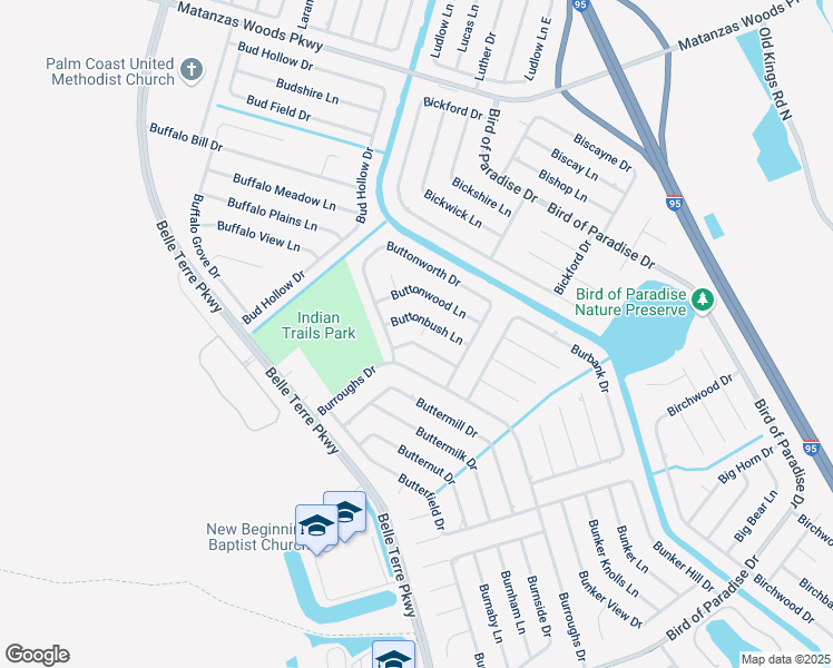 map of restaurants, bars, coffee shops, grocery stores, and more near 9 Buttonbush Lane in Palm Coast
