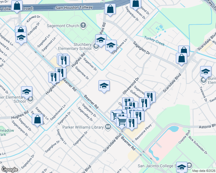 map of restaurants, bars, coffee shops, grocery stores, and more near 10990 Highland Meadow Village Drive in Houston