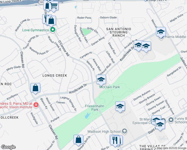 map of restaurants, bars, coffee shops, grocery stores, and more near 15806 Marisa Place in San Antonio