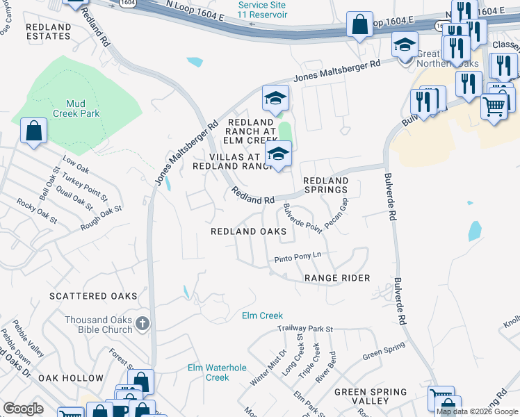 map of restaurants, bars, coffee shops, grocery stores, and more near 16518 Old Stable Road in San Antonio