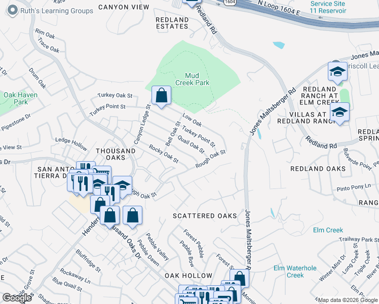 map of restaurants, bars, coffee shops, grocery stores, and more near 2931 Burnt Oak Street in San Antonio
