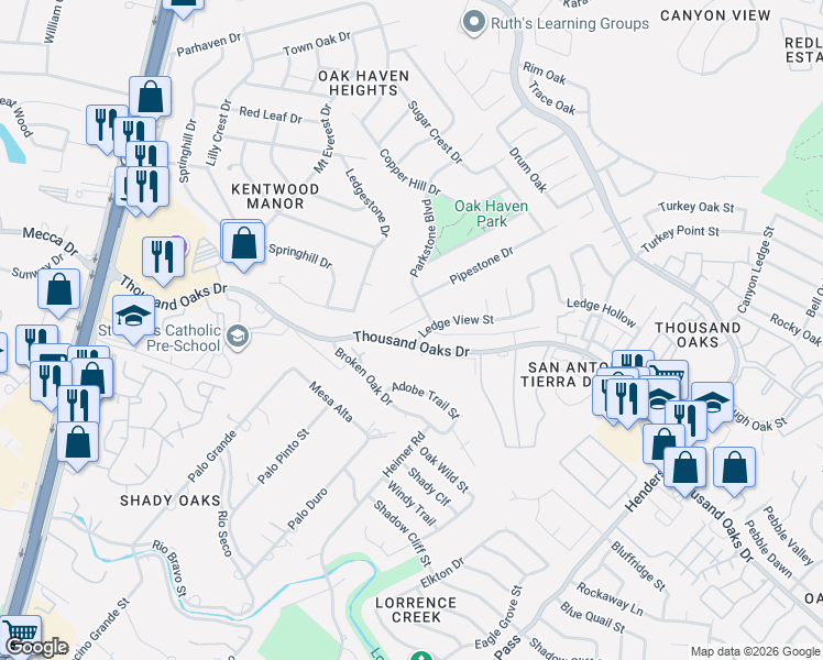 map of restaurants, bars, coffee shops, grocery stores, and more near 2053 Thousand Oaks Drive in San Antonio