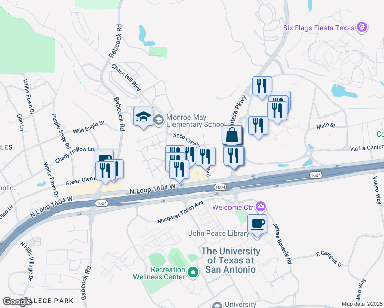 map of restaurants, bars, coffee shops, grocery stores, and more near 15655 Market Hill in San Antonio