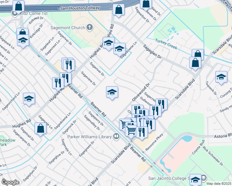 map of restaurants, bars, coffee shops, grocery stores, and more near 10990 Highland Meadow Village Drive in Houston