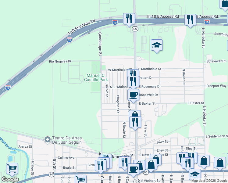 map of restaurants, bars, coffee shops, grocery stores, and more near 2107 Sherman Street in Seguin