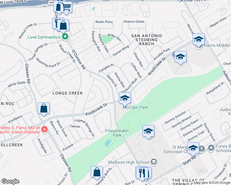 map of restaurants, bars, coffee shops, grocery stores, and more near 15806 Marisa Place in San Antonio
