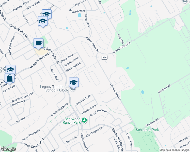 map of restaurants, bars, coffee shops, grocery stores, and more near 130 Kove Lane in Cibolo