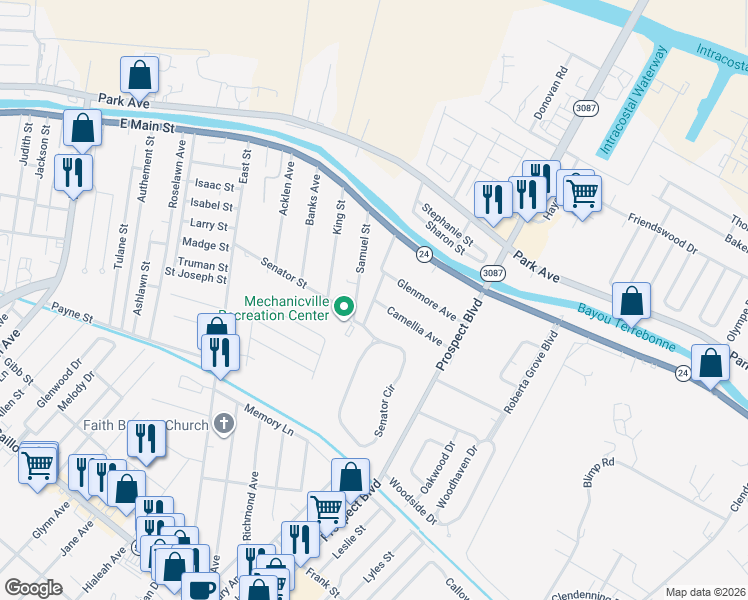 map of restaurants, bars, coffee shops, grocery stores, and more near 3200 Camellia Avenue in Houma