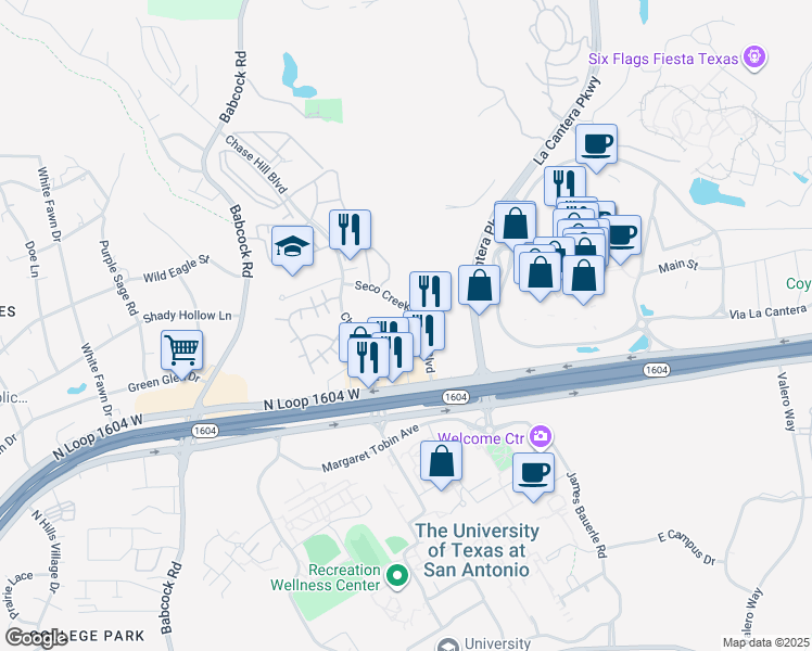 map of restaurants, bars, coffee shops, grocery stores, and more near 15655 Market Hill Boulevard in San Antonio