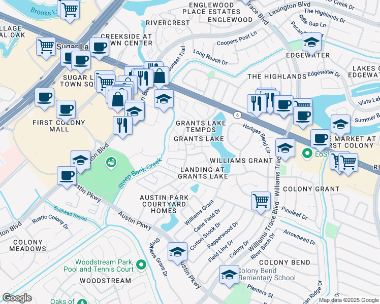 map of restaurants, bars, coffee shops, grocery stores, and more near 2711 Grants Lake Boulevard in Sugar Land