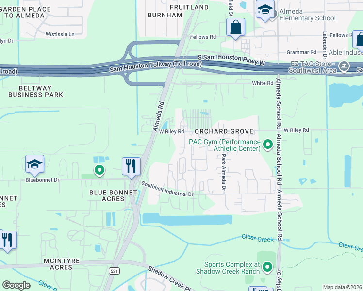 map of restaurants, bars, coffee shops, grocery stores, and more near 42 West Riley Road in Houston