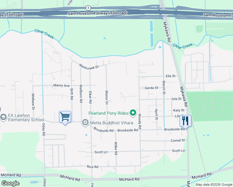 map of restaurants, bars, coffee shops, grocery stores, and more near 12623 Manor Drive in Pearland