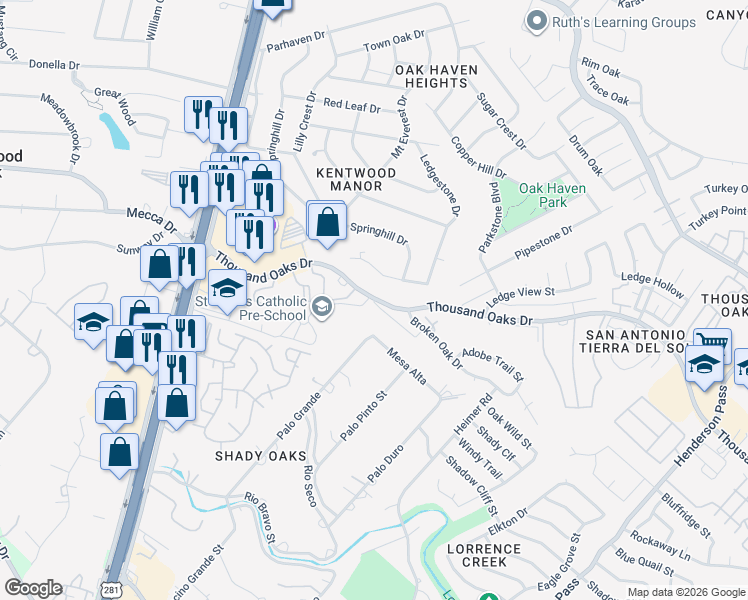 map of restaurants, bars, coffee shops, grocery stores, and more near 1650 Thousand Oaks Drive in San Antonio