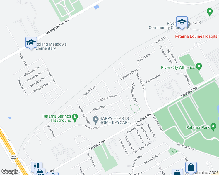 map of restaurants, bars, coffee shops, grocery stores, and more near 16606 Retama Crown in Selma