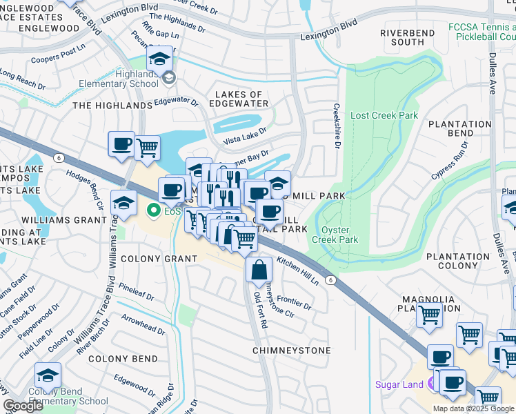 map of restaurants, bars, coffee shops, grocery stores, and more near 2310 Settlers Way Boulevard in Sugar Land