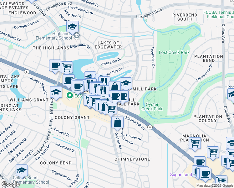 map of restaurants, bars, coffee shops, grocery stores, and more near 2310 Settlers Way Boulevard in Sugar Land