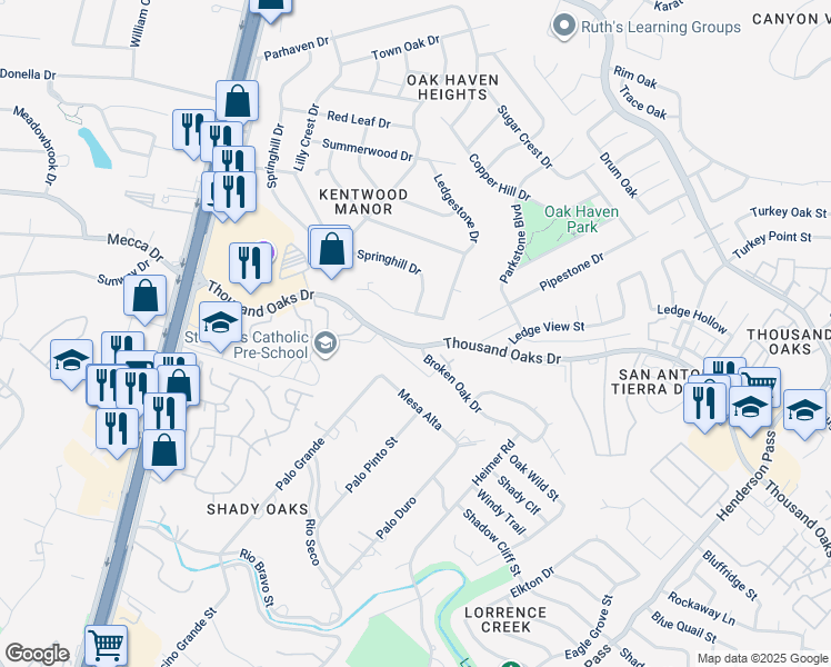 map of restaurants, bars, coffee shops, grocery stores, and more near 1765 Thousand Oaks Drive in San Antonio