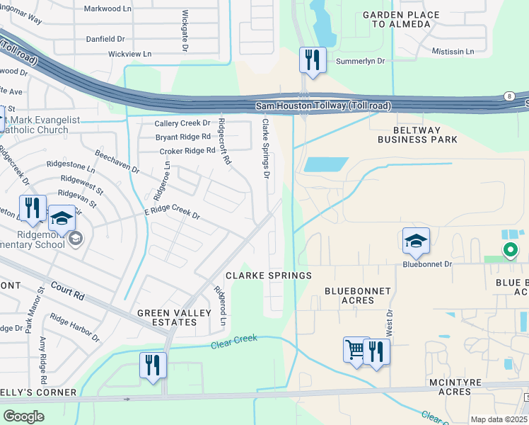 map of restaurants, bars, coffee shops, grocery stores, and more near 15890 Clarke Springs Drive in Houston