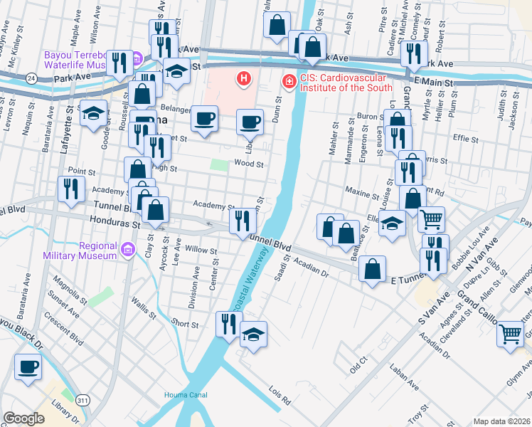 map of restaurants, bars, coffee shops, grocery stores, and more near 1598 Academy Street in Houma