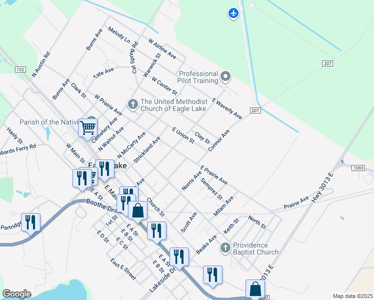 map of restaurants, bars, coffee shops, grocery stores, and more near 410 East Prairie Avenue in Eagle Lake