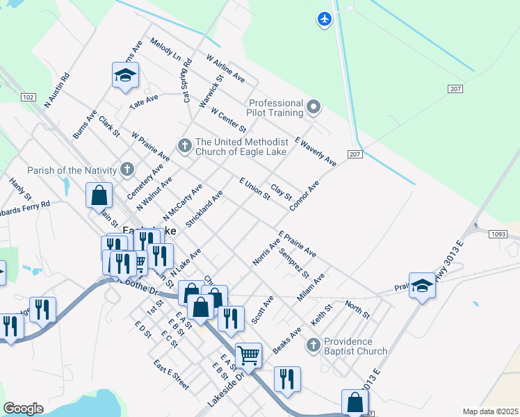 map of restaurants, bars, coffee shops, grocery stores, and more near 410 E Prairie Ave in Eagle Lake