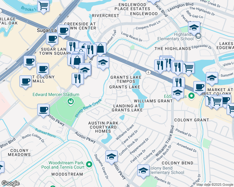 map of restaurants, bars, coffee shops, grocery stores, and more near 2693 Grants Lake Boulevard in Sugar Land