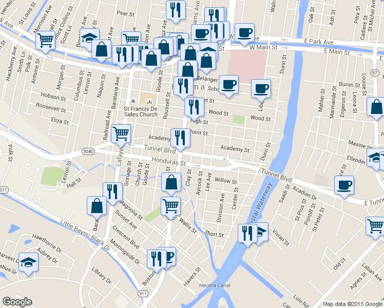 map of restaurants, bars, coffee shops, grocery stores, and more near Bond Street in Houma