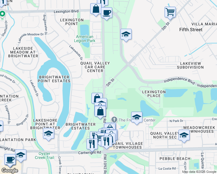 map of restaurants, bars, coffee shops, grocery stores, and more near 2023 5th Street in Stafford