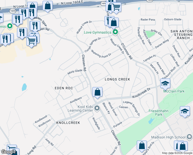 map of restaurants, bars, coffee shops, grocery stores, and more near 15815 Legend Elm in San Antonio