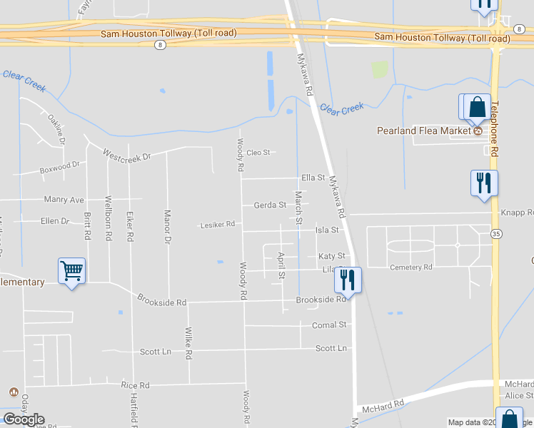 map of restaurants, bars, coffee shops, grocery stores, and more near 6823 Isla Street in Brookside Village