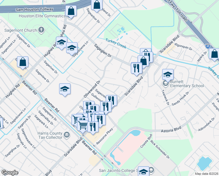 map of restaurants, bars, coffee shops, grocery stores, and more near 11538 Brook Meadow Drive in Houston