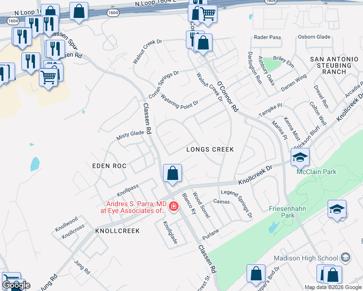 map of restaurants, bars, coffee shops, grocery stores, and more near 4722 Cypress Mill Drive in San Antonio