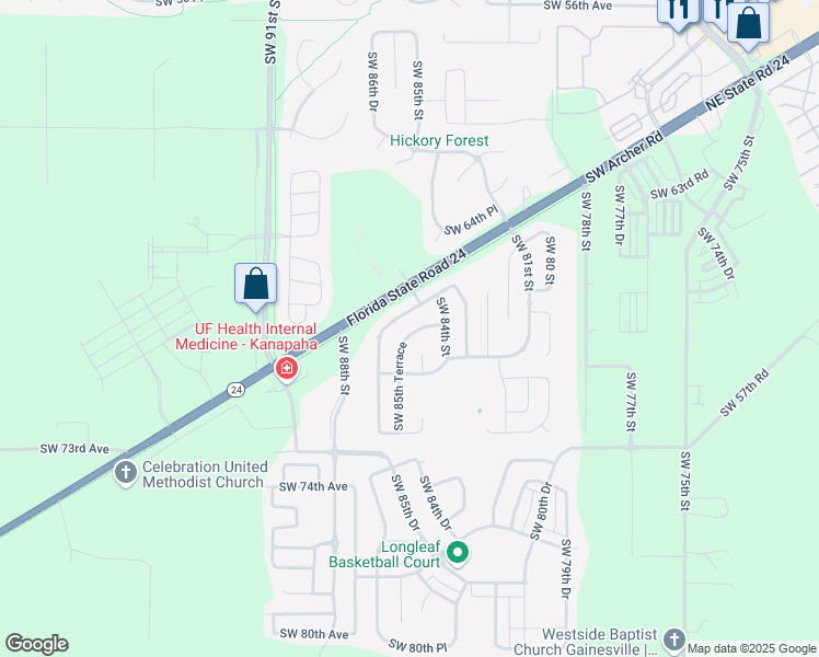 map of restaurants, bars, coffee shops, grocery stores, and more near 8524 Southwest 68th Road in Gainesville