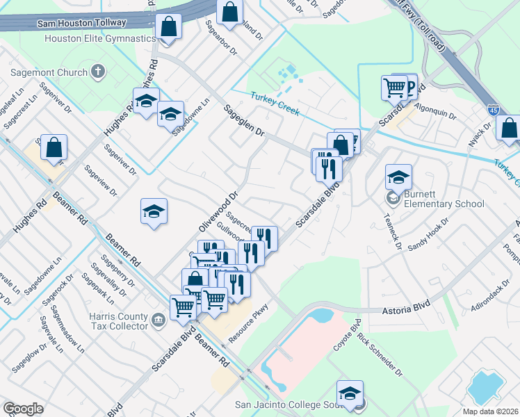 map of restaurants, bars, coffee shops, grocery stores, and more near 11538 Brook Meadow Drive in Houston