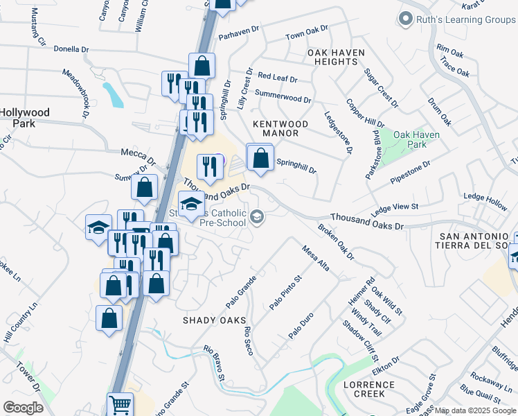 map of restaurants, bars, coffee shops, grocery stores, and more near 1570 Thousand Oaks Drive in San Antonio