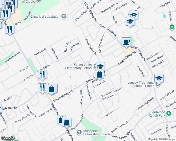 map of restaurants, bars, coffee shops, grocery stores, and more near 3914 Windy Brook in Schertz