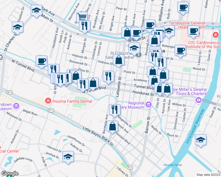 map of restaurants, bars, coffee shops, grocery stores, and more near 251 Tunnel Boulevard in Houma