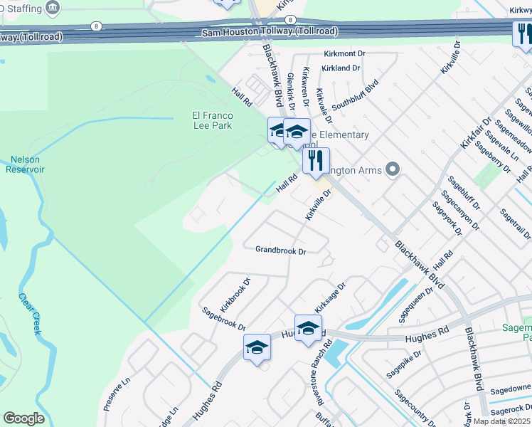 map of restaurants, bars, coffee shops, grocery stores, and more near 8719 Camber Brook Drive in Houston