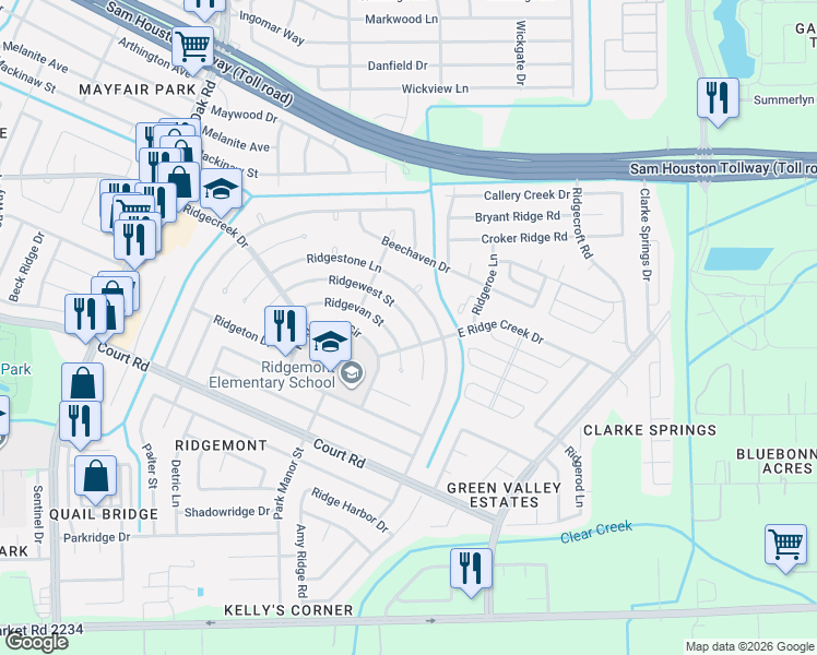 map of restaurants, bars, coffee shops, grocery stores, and more near 4903 Ridgewest Street in Houston